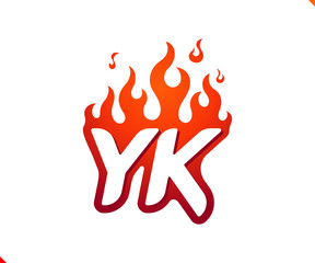 Uppercase initial logo letter YK with blazing flame silhouette,  simple and retro style logotype for adventure and sport activity.