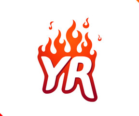 Uppercase initial logo letter YR with blazing flame silhouette,  simple and retro style logotype for adventure and sport activity.