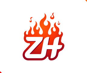 Uppercase initial logo letter ZH with blazing flame silhouette,  simple and retro style logotype for adventure and sport activity.