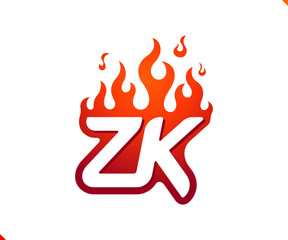 Uppercase initial logo letter ZK with blazing flame silhouette,  simple and retro style logotype for adventure and sport activity.