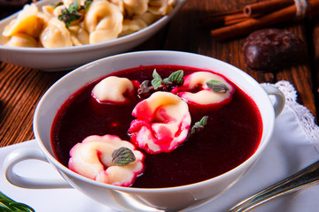 traditional Polish Christmas Eve borscht with dumplings