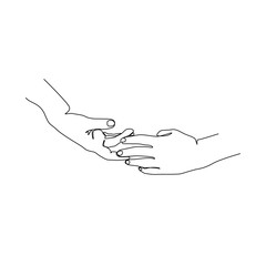 Two persons are holding hands each other silhouette one single line, continuous line drawing, female hands hold together isolated on a white background vector illustration. element design logo 