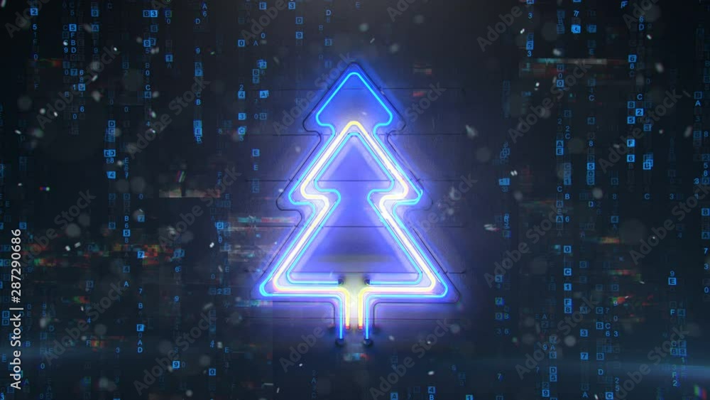 Poster neon christmas tree with digital glitch effect. futuristic cyberpunk design. seamless loop 3d render