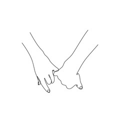 Two hands hold fingers together continuous line drawing, together, relationship, tattoo, print for clothes and logo design, silhouette one single line on a white background, isolated vector.