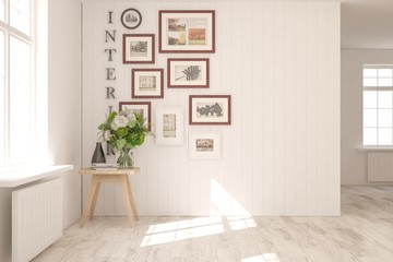 Empty room in white color. Scandinavian interior design. 3D illustration