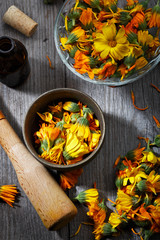 Marigold flowers of different colors are scattered on an old wooden table.