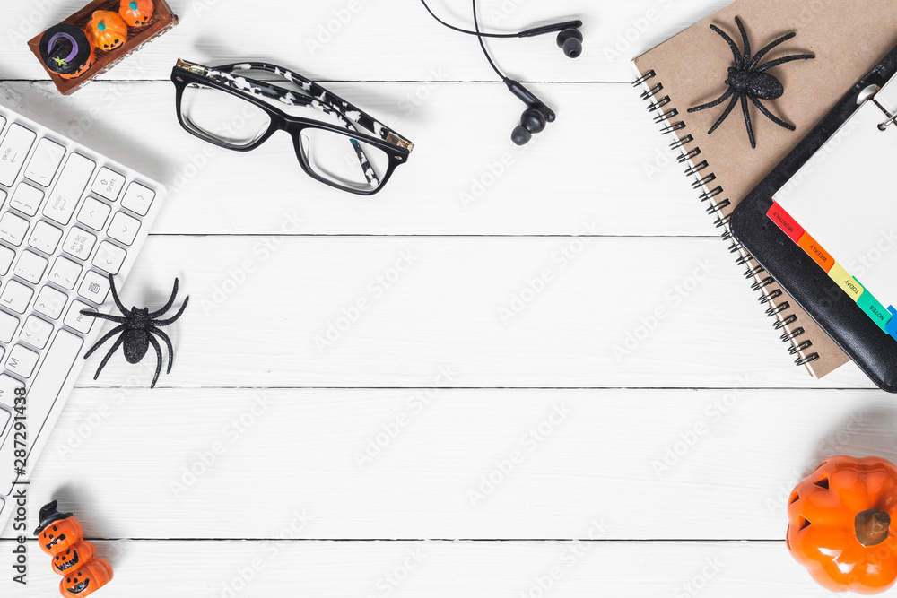 Poster happy halloween festival background concept. desktop workspace flat lay top view with copy space for