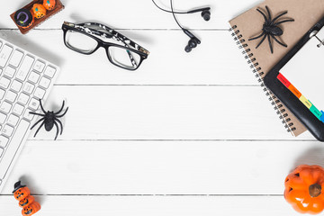 Happy Halloween Festival background concept. Desktop workspace flat lay Top view with copy space for your advertisement text.