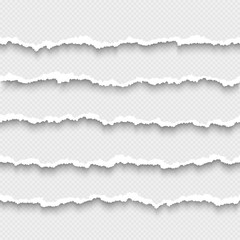 Fototapeta premium Set of horizontal seamless torn white paper with shadow. Damaged cardboard borders. Ripped stripes of paper. Vector illustration isolated on transparent background