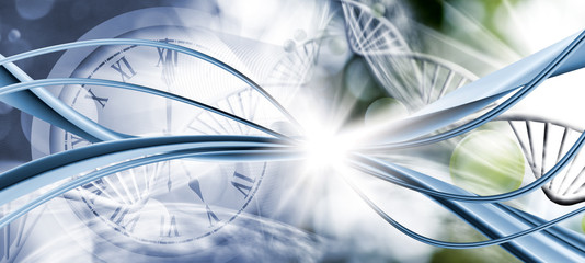 image of stylized clock face on gene code background closeup