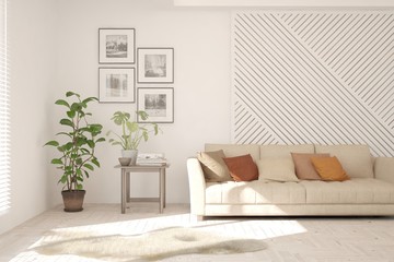 Stylish room in white color with sofa. Scandinavian interior design. 3D illustration