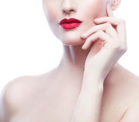 Fototapeta na wymiar Red lips, partial beauty fashion model woman portrait. Perfect skin, hand neard face