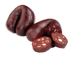 Traditional English Lancashire mini black pudding sausages isolated on a white background