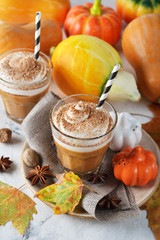 Pumpkin latte decorated whipped cream