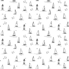 Fototapeta premium Sailboats. Seamless pattern for printing on fabric, knitwear, wrapping paper. Black picture on a white background