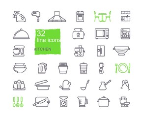 Kitchen Icon set, flat design, thin line style