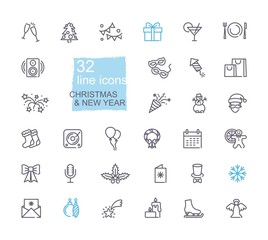 Christmas and New year symbols. Linear icons