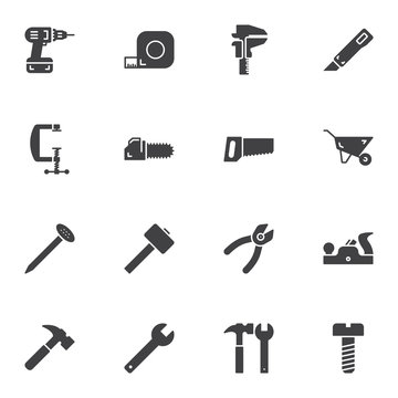 Repair tool vector icons set, modern solid symbol collection, filled style pictogram pack. Signs logo illustration. Set includes icons as electric drill, screwdriver, measure tape, pliers, hammer, saw