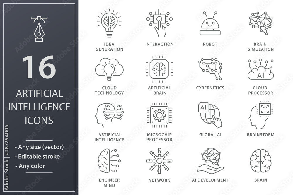 Poster artificial intelligence line icons set. black vector illustration. editable stroke.
