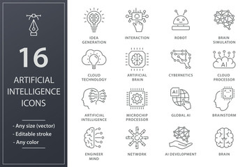 Artificial intelligence line icons set. Black vector illustration. Editable stroke.