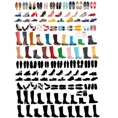 vector, isolated, set, collection of fashionable women's boots
