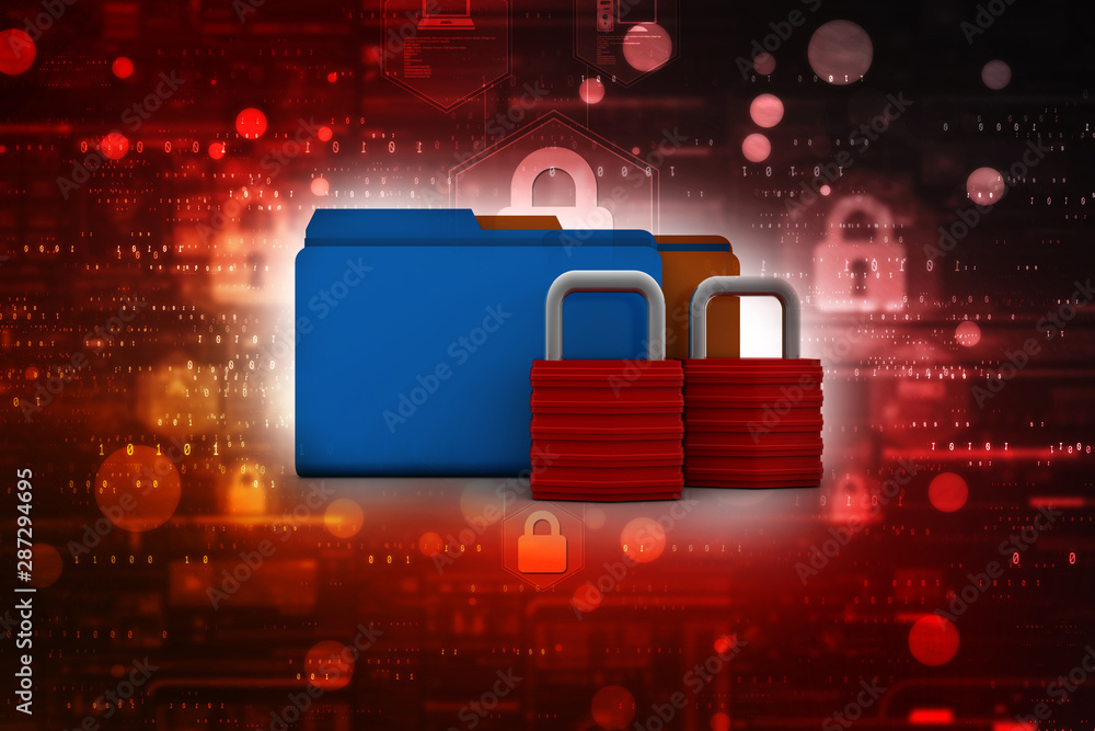 Poster yellow folder and lock. data security concept. 3d rendering
