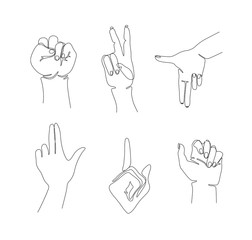 Hand gesture set continuous line drawing, two fingers up single line on a white background, isolated vector illustration. Tattoo, print and logo design. Goat gesture, pistol, fist, snap, heart sign.