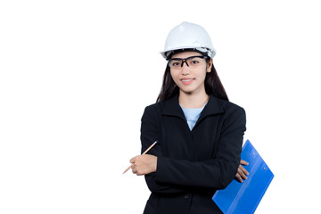 Portrait of Asian female engineer wearing a suit and hat safety glasses safety, Isolated white background.