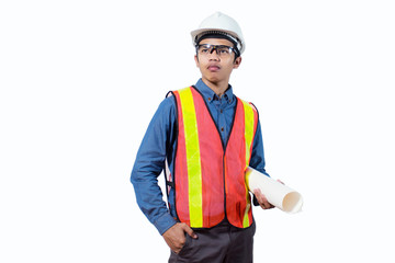 Handsome young engineer wearing a safety helmet holding blueprint white construction projects. White background.