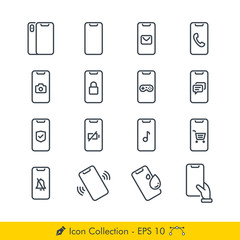 Smartphone (Mobile Phone) Related Icons / Vectors Set - In Line / Stroke Design | Contains Such Phone, Call, Locked, Holding, Ringing, Game, Song, Camera, Chat, Silent, Shop, Chat, Message, Mail