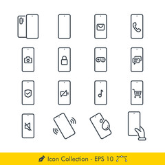 Mobile Phone Related Icons / Vectors Set - In Line / Stroke Design | Contains Such Phone, Call, Locked, Holding, Ringing, Game, Song, Camera, Chat, Silent, Shop, Chat, Message, Mail