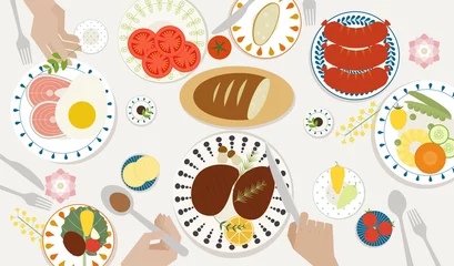 Fototapeten Food at the top view dinner table. flat design style minimal vector illustration. © MINIWIDE