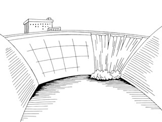Dam hydropower river graphic black white landscape sketch illustration vector