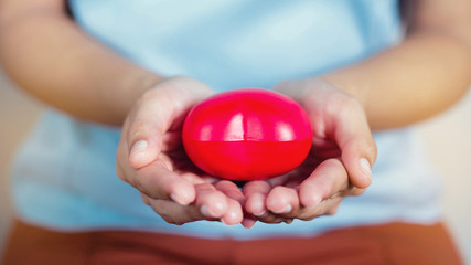 Closeup of a girl hand holding a red heart. The concept of health.