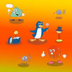 Set of vector cartoon characters in different emotions and poses: bubble, penguin, spring and pyrimid on a colorful background.