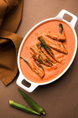 Hyderabadi Bhindi ka Salan or Okra salan made using ladies' fingers or ochro. Main course recipe from India. served in a bowl. selective focus