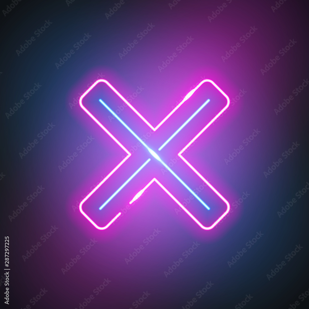Poster Neon cross. Glowing cross sign on black background. Colorful and bright retro light symbol. Vector design element.