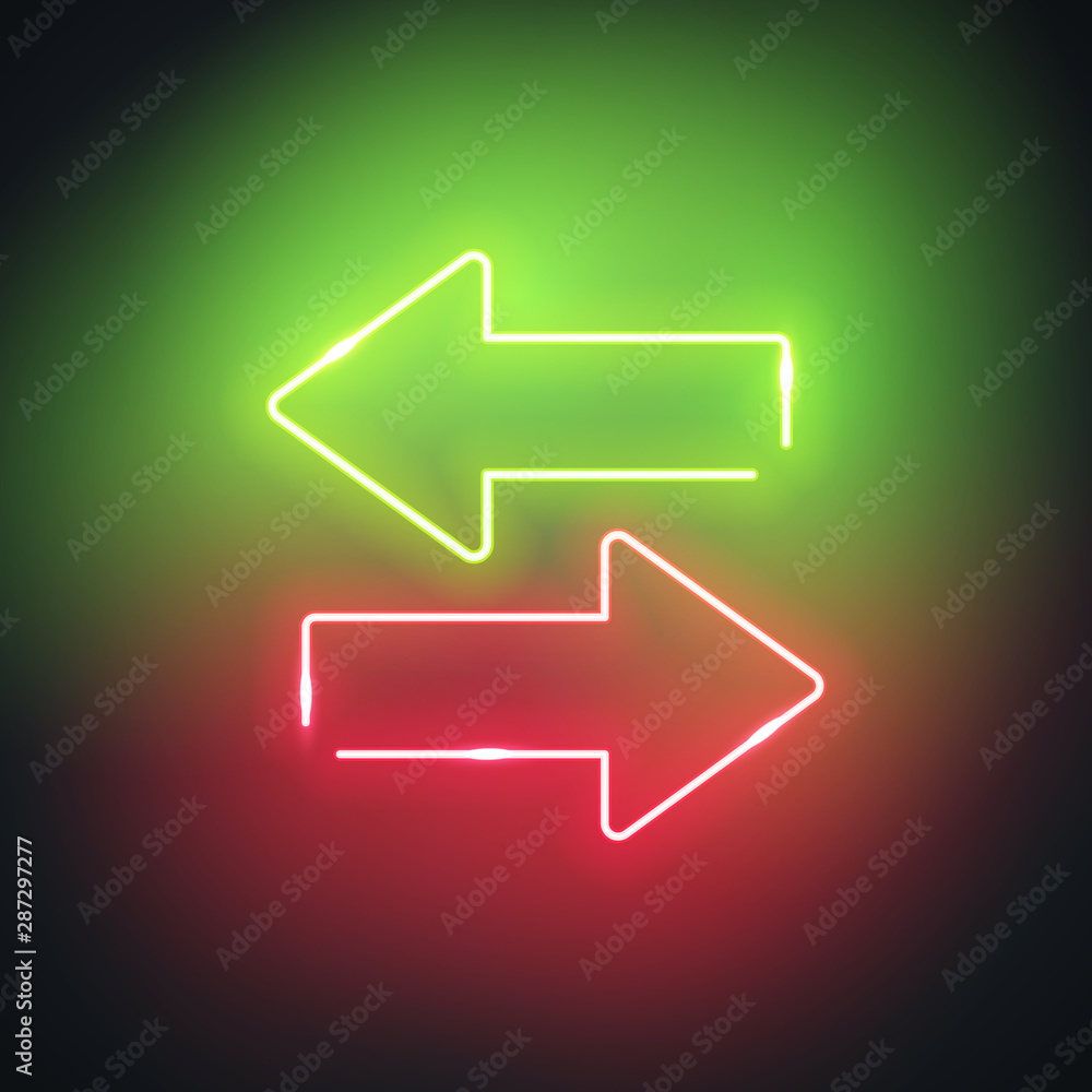 Poster Neon green and red arrows. Glowing left and right pointer signs on black background. Colorful and bright retro light symbol. Vector design element.