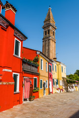 Colored houses and high tower on Burano island