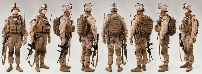 US marines forces soldiers with rifles on grey background. Shot in studio. Collage