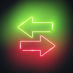 Neon green and red arrows. Glowing left and right pointer signs on black background. Colorful and bright retro light symbol. Vector design element.