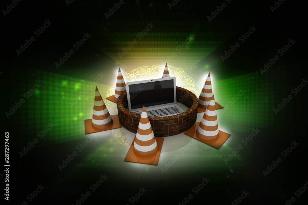 Aufkleber 3d rendering traffic cone network with laptop