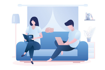 Wife and husband sitting on the couch, living room interior with furniture.