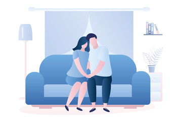 Love couple is sitting on the couch, living room interior with furniture.