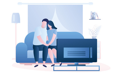 Love couple is sitting on the couch and watch tv, living room interior with furniture.
