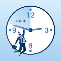 Caucasian businessman hangs on the clock,deadline concept with watch and male character