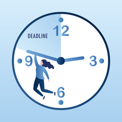 Caucasian businesswoman hangs on the clock,deadline concept