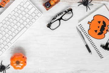 Happy Halloween Festival background concept. Desktop workspace flat lay Top view with copy space for your advertisement text.