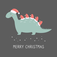 Holiday dino with Santa hats. Festive card