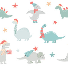 Seamlesss pattern with Christmas dinos.